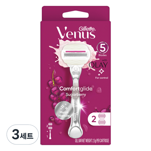 질레트 비너스 올레이 슈가베리 면도기 + 면도날 2개, 1세트, 3개