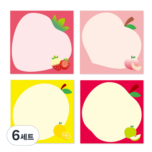 정사각 후르츠 떡메모지 4종 세트, 딸기, 레몬, 복숭아, 사과, 6세트