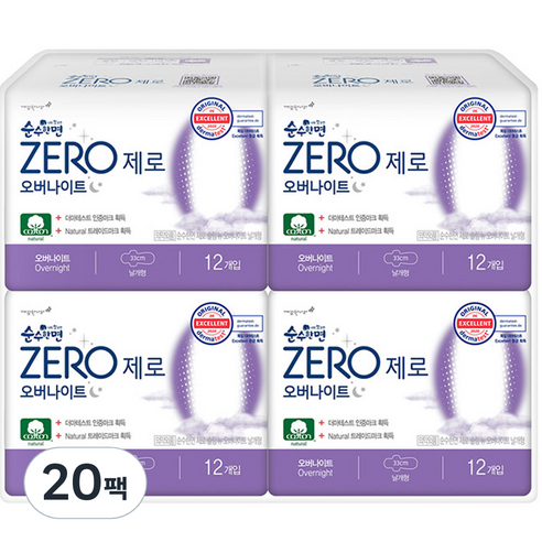 순수한면 제로 오버나이트 생리대, 패드형, 12개입, 20팩