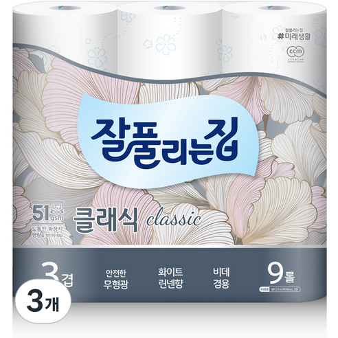 잘풀리는집 3겹 클래식 화장지 27m, 9개입, 3개