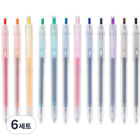 델리 델라이트 퀵드라이 노크식 젤잉크펜 12색 세트 0.5mm EQ118, 혼합 색상, 6세트