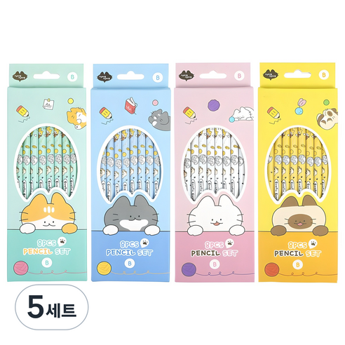 핑크풋 2000 냥냥 연필 B 4종 x 8개 세트, 혼합색상, 5세트