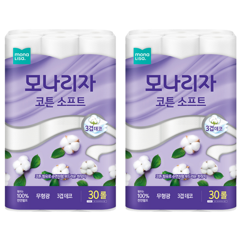 모나리자 코튼 소프트 천연펄프 3겹 고급롤화장지, 25m, 30개입, 2개