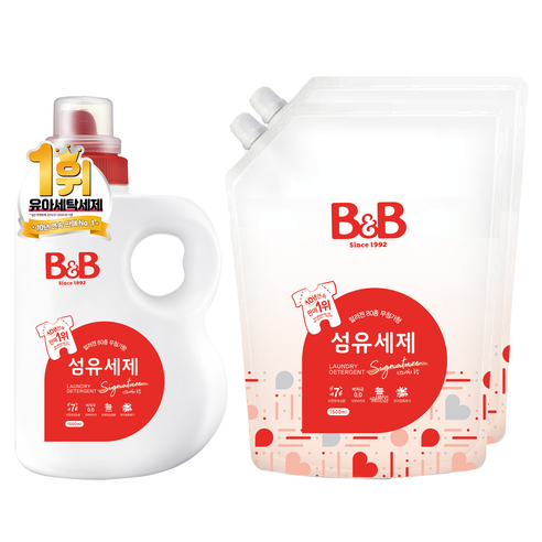 비앤비 유아 섬유 세제 시그니처 알러젠프리향 용기형 1500ml + 캡리필형 1500ml 2p, 1세트