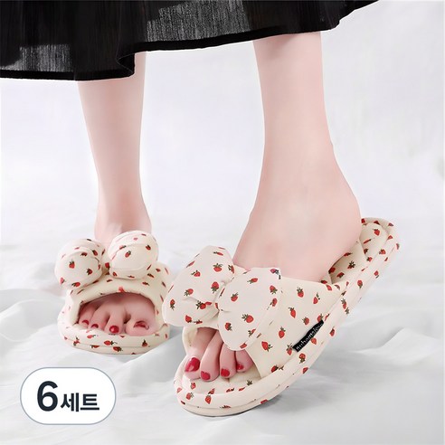 오브메종 3중 쿠션 딸기 리본 면 슬리퍼, 화이트, 6세트