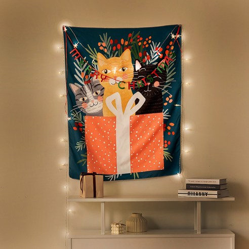 아스파시아 크리스마스 패브릭포스터 + LED 별전구 + 글자 가랜드, 봉주르산타캣, 150 x 200 cm