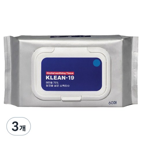 KLEAN 알코올 살균소독티슈 캡형, 3개, 60매, 45g