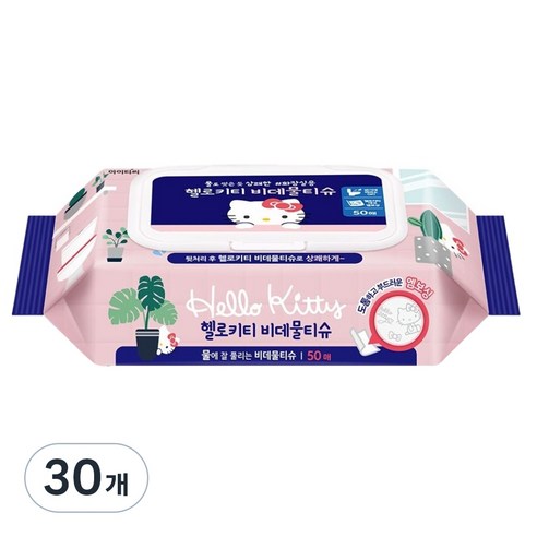 ITC 헬로키티 엠보싱 비데물티슈 캡형, 50매, 30개, 55g