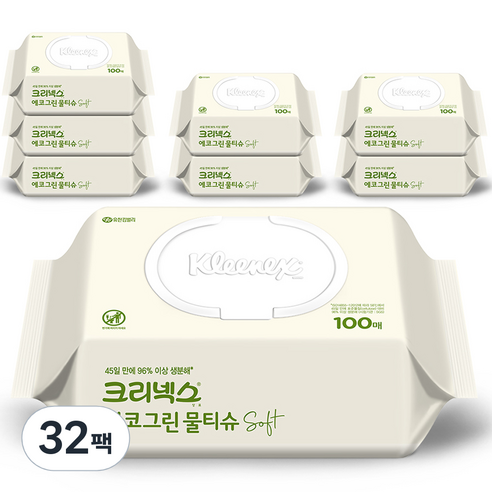 크리넥스 에코그린 소프트 물티슈 캡형, 100매, 32개
