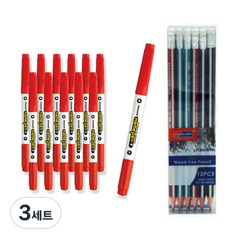 모나미 네임펜 T 12p +스카이글로리 삼각지우개 연필 12p 세트, 적색, 3세트
