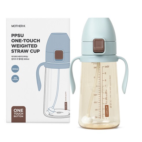 마더케이 유아용 베이직 PPSU 원터치 추 빨대컵 300ml, 블루, 1개