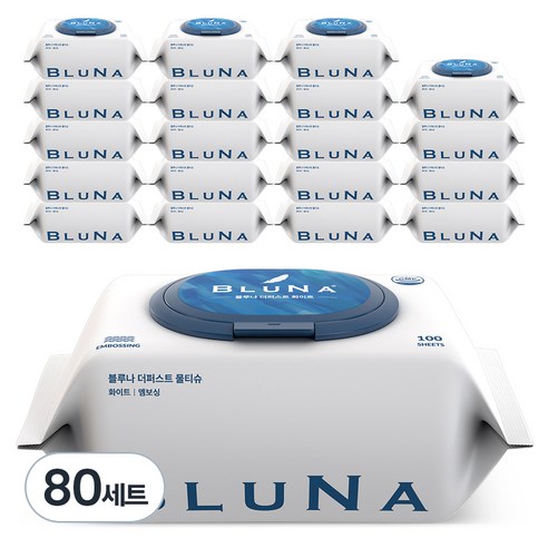 블루나 더퍼스트 화이트 저자극 엠보싱 대용량 물티슈 캡형, 80세트, 100개입, 55g