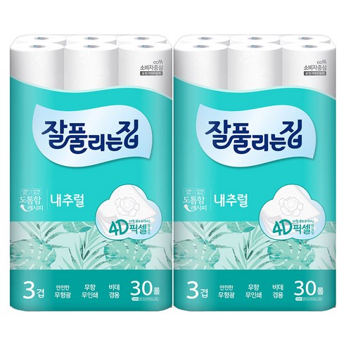 잘풀리는집 내추럴 4D픽셀 엠보싱 3겹 롤화장지 25m, 30롤, 2팩