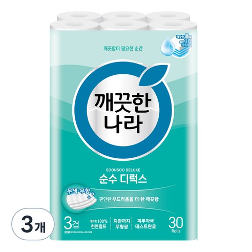 깨끗한나라 순수 디럭스 3겹 화장지, 30m, 30개입, 3개