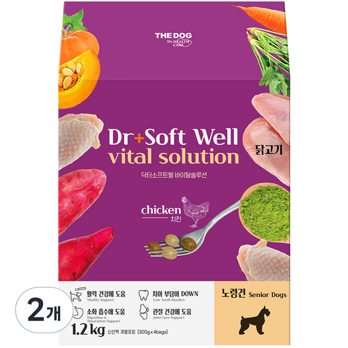 더독 강아지 노령견 닥터소프트 웰 바이탈솔루션 사료, 닭, 1.2kg, 2개