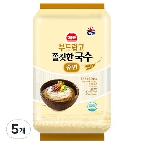 해표 부드럽고 쫄깃한 국수, 3kg, 5개