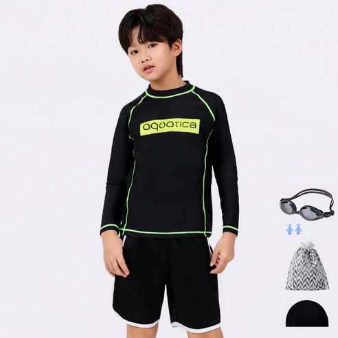 아쿠아티카 남아용 래쉬가드 + 트렁크 반바지 + 스판수모 + 일반용 수경 + 비닐백 + 실리콘 귀마개 AQA354P