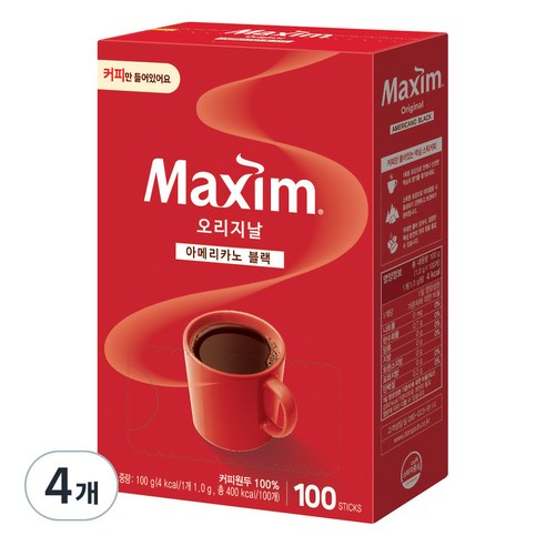맥심 오리지날 아메리카노 블랙, 1g, 100개입, 4개