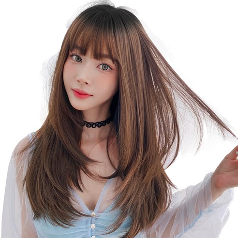 하이유니 레이어드 C컬 펌 롱 통가발 65cm + 가발망 + 거치대 세트, 라이트브라운