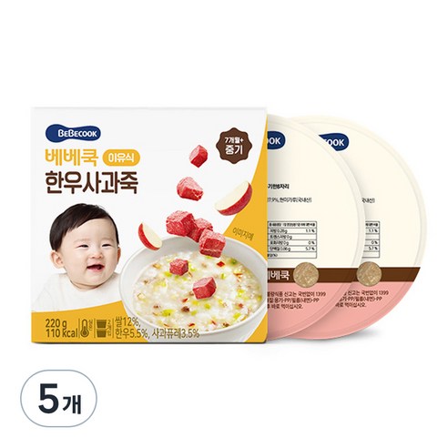 베베쿡 중기 한우사과죽 실온이유식 2p, 혼합맛(한우/사과), 220g, 5개