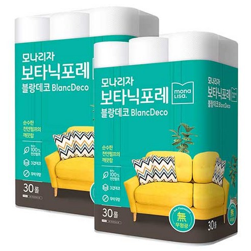 모나리자 3겹 보타닉포레 블랑데코 천연펄프 롤 화장지 25m, 30롤, 2팩