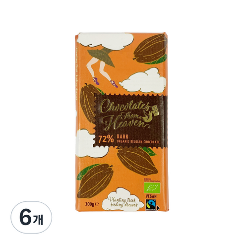클린젤 초콜릿프롬헤븐 유기농 다크 초콜릿 72%, 100g, 6개