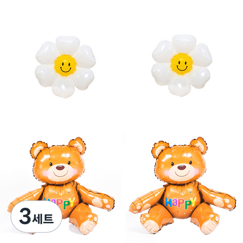 파티쇼 슈퍼쉐잎 은박풍선 HAPPY 곰돌이 2p + 데이지 플라워 소형 2p 세트, 혼합색상, 3세트