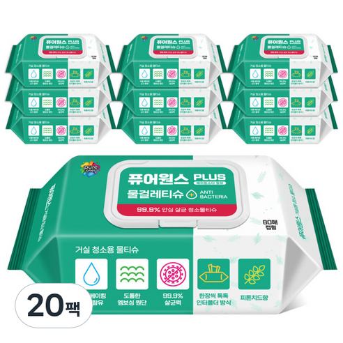 퓨어원스 플러스 거실용 청소 물티슈 캡형 80p, 20팩, 545g
