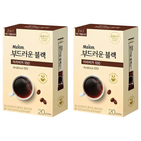 맥심 부드러운 블랙 아라비카100 원두커피믹스, 2.8g, 20개입, 2개