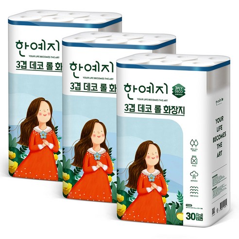 한예지 3겹데코 천연펄프 롤화장지 27m, 30롤, 3팩