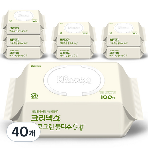 크리넥스 에코그린 소프트 물티슈 캡형, 100매, 40개
