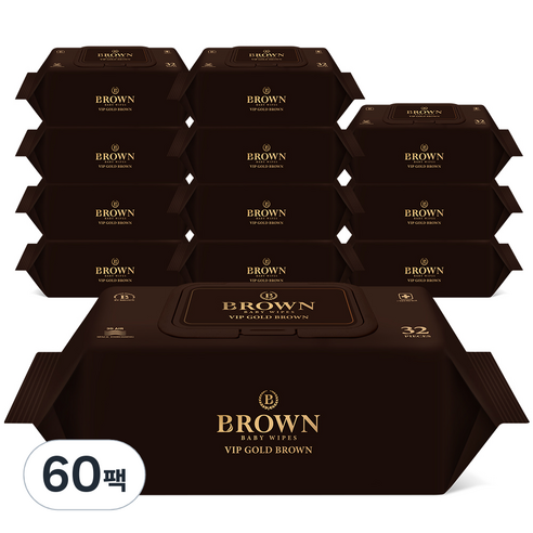 브라운 VIP 골드 브라운 엠보싱 저자극 아기물티슈 라이트 캡형, 32매, 60팩