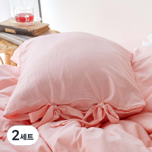 스코홈 더더 피그먼트 워싱 리본베개커버 + 솜 세트, 더더 핑크, 2세트