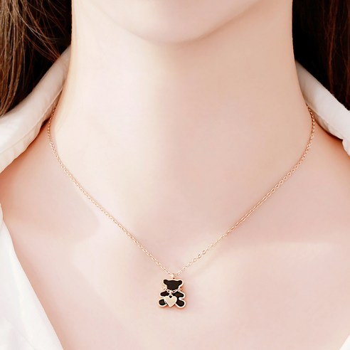 써지컬스틸 오닉스자개 곰돌이 하트체인 목걸이