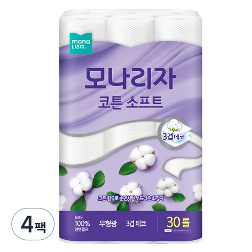 모나리자 코튼 소프트 천연펄프 3겹 고급롤화장지, 25m, 30롤, 4개