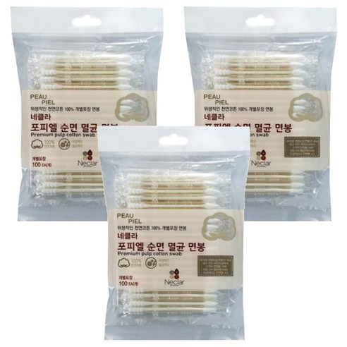 네클라 포피엘 순면 멸균 면봉, 100개입, 3개
