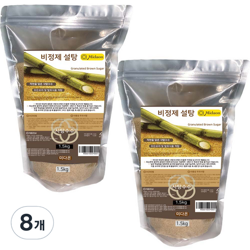 미다온 비정제 사탕수수 설탕, 1.5kg, 8개