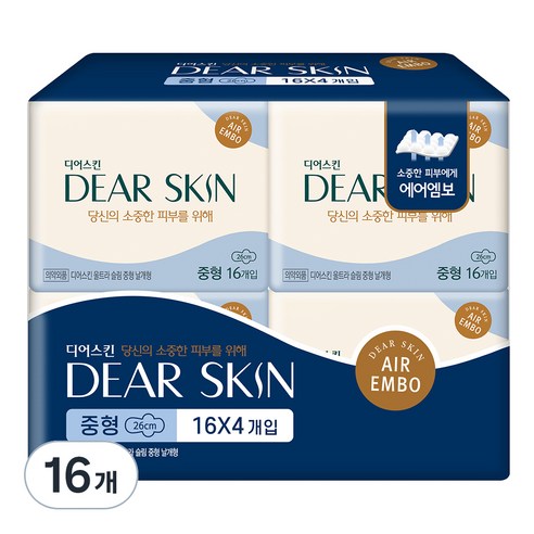 깨끗한나라 디어스킨 에어엠보 중형 생리대 날개형, 16개입, 16개