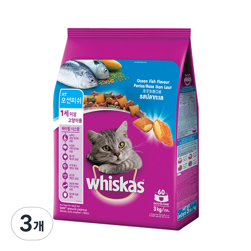 위스카스 포켓 오션피쉬 고양이 사료, 3kg, 3개