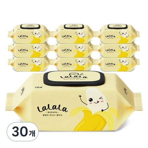 랄랄라 바나나 물티슈 캡형, 30개, 70개입, 70g