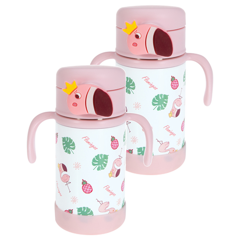 누비 아동용 스텐 버튼 빨대컵 280ml, 2개, 플라밍고핑크