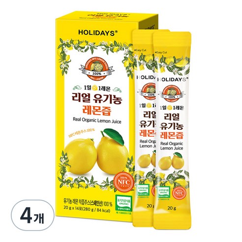 홀리데이즈 NFC 착즙 100% 리얼 유기농 레몬즙 14포, 280ml, 4개
