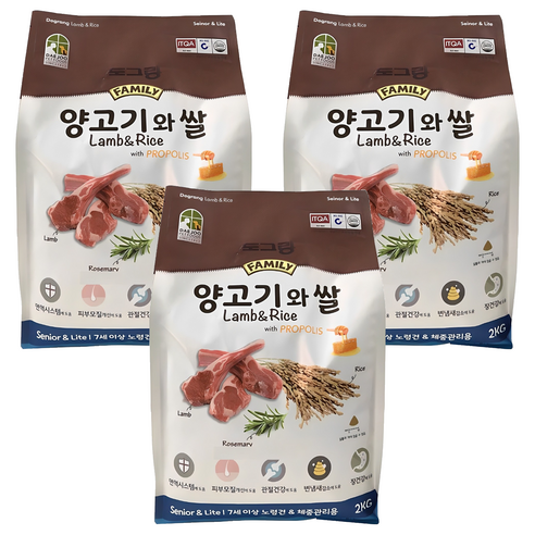도그랑 시니어 강아지 훼미리 건식사료, 양+쌀, 2kg, 3개