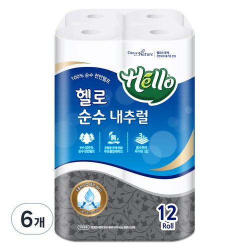 헬로 순수 내츄럴 천연펄프 화장지 27m, 12개입, 6개