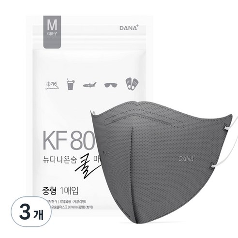 다나마스크 뉴 다나온숨 쿨마스크 새부리형 중형 KF80, 50개입, 3개, 회색