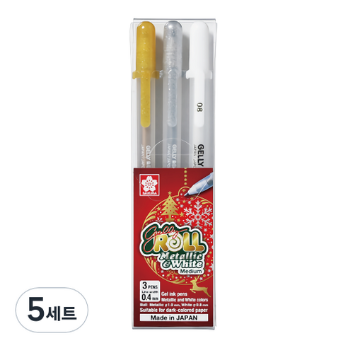 겔리롤 사쿠라 메탈릭 & 화이트 펜 3종 세트 0.4mm, 화이트+골드+실버, 5세트