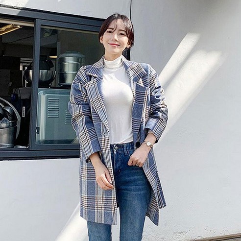 오키진 여성용 베이직체크 싱글 누빔 코트