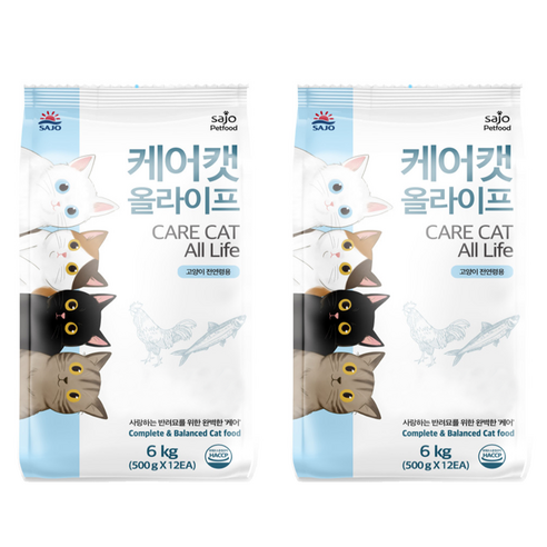 사조 전연령 케어캣 올라이프 건식사료, 닭, 6kg, 2개