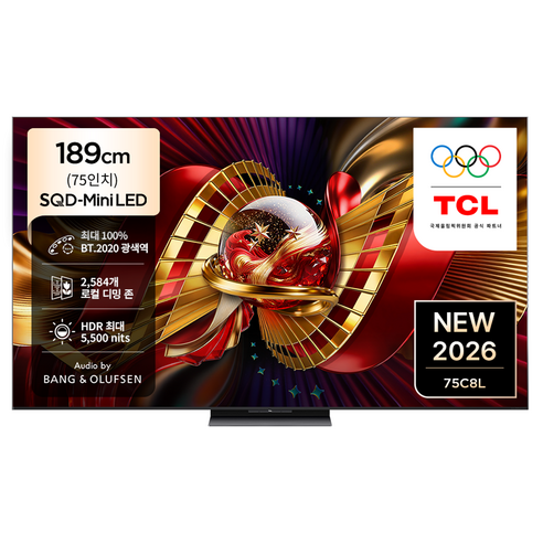 TCL 4K UHD Mini LED 프리미엄 SQD Google TV, 189cm(75인치), 75C8L, 무타공 벽걸이형, 방문설치
