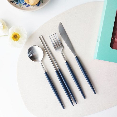 보겐 에펠 1인 커트러리 세트, 헤드(실버) + 손잡이(블루), 디너스푼 + 젓가락 + 포크 + 나이프